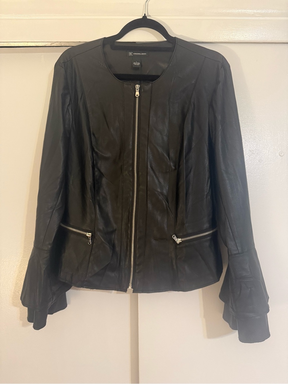INC International Concepts Black Leather Zip-Front Jacket